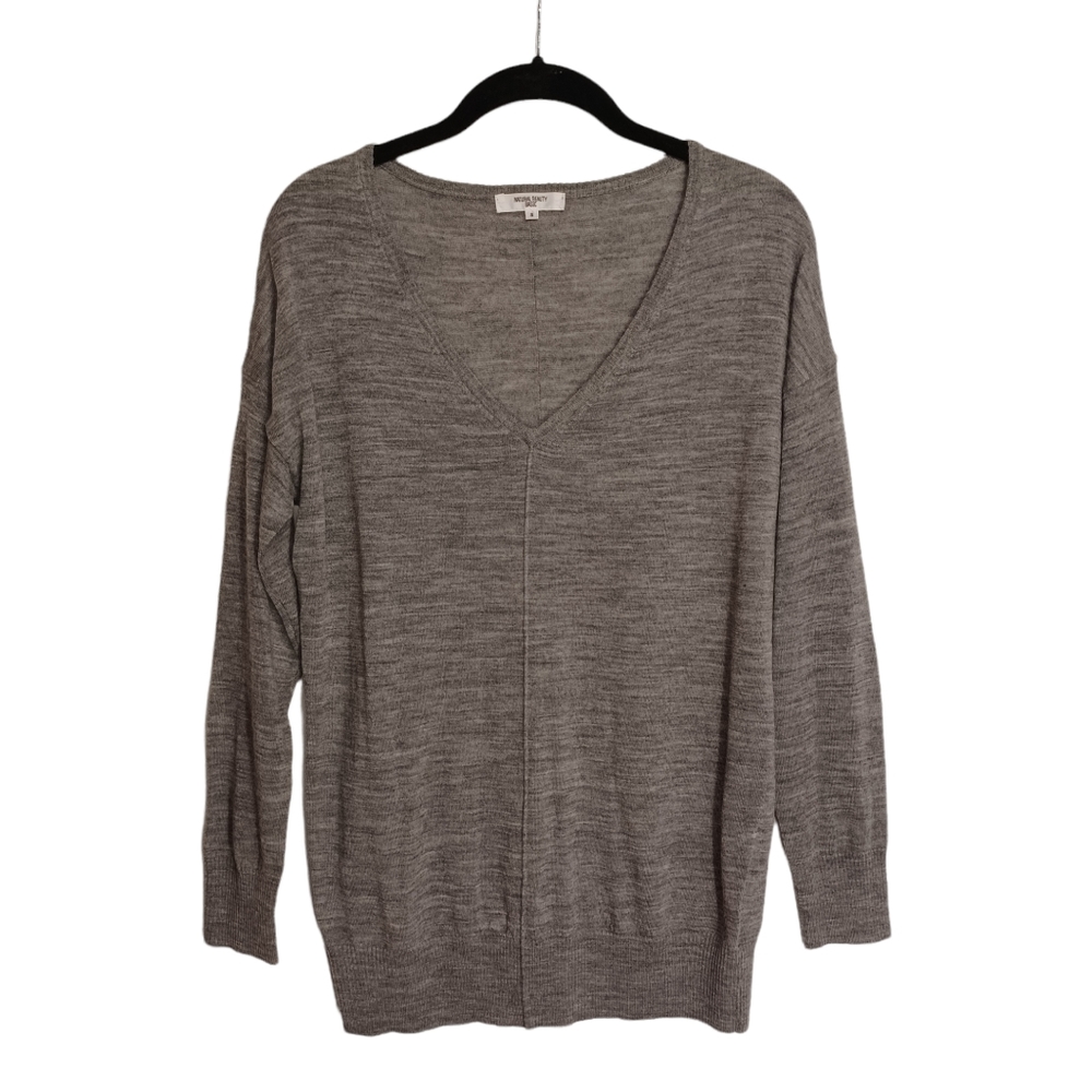 NATURAL BEAUTY BASIC Gray Marled Print V Neck Long Sleeve Top Small